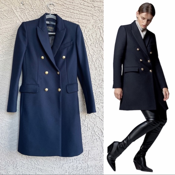 SOLD ZARA NEW MANTECO Italian Wool Navy Double Breasted Classic Preppy Wool Coat - Picture 6 of 16